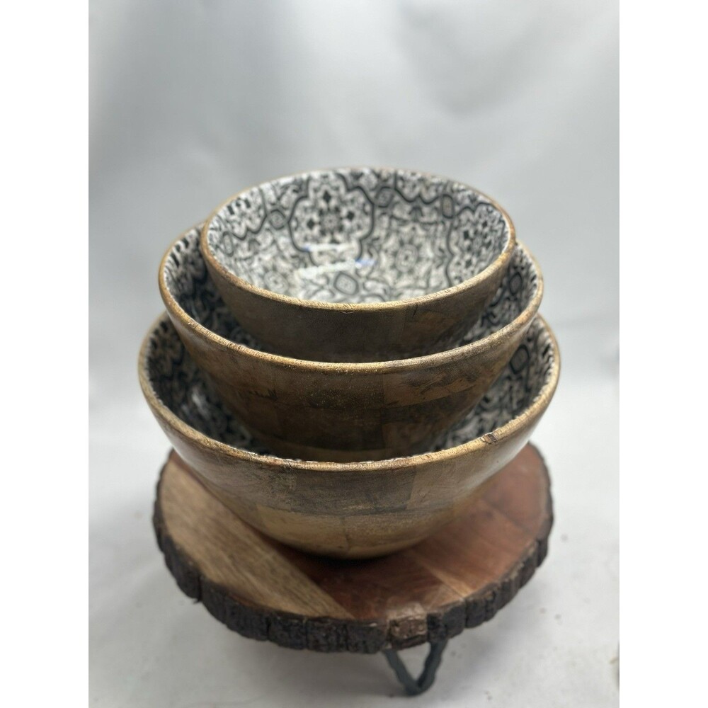 Enamel Lined Stacking Bowls Moroccan Patterned Enamel Mango Wood Bowl Set
